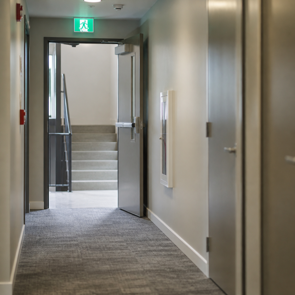Apartment building corridor with an illuminated green exit sign above a self closing fire door leading to a stairwell, and a clear uncluttered floor