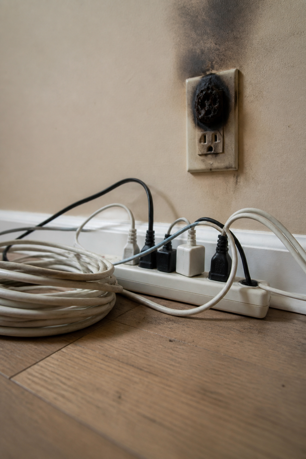 A scorched electrical wall outlet with blackened plastic behind an overloaded power strip carrying several plugs and a coiled extension lead
