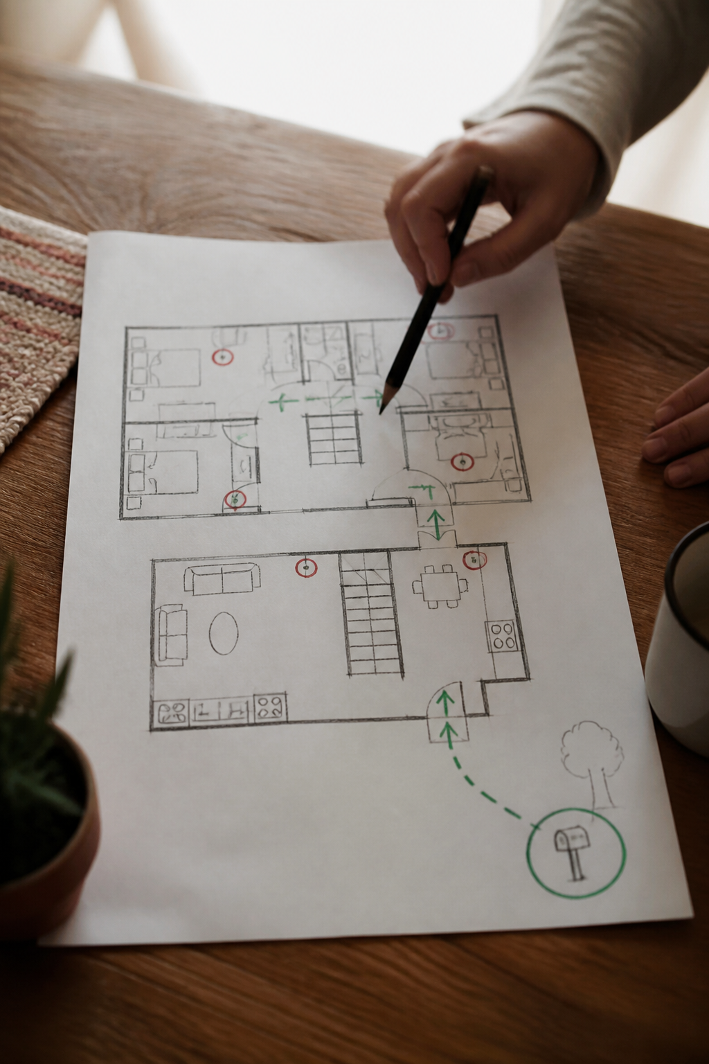 Hand drawn floor plan of a two storey house on paper, with two arrows marking exits from each bedroom, alarm positions circled and a meeting point marked at the mailbox