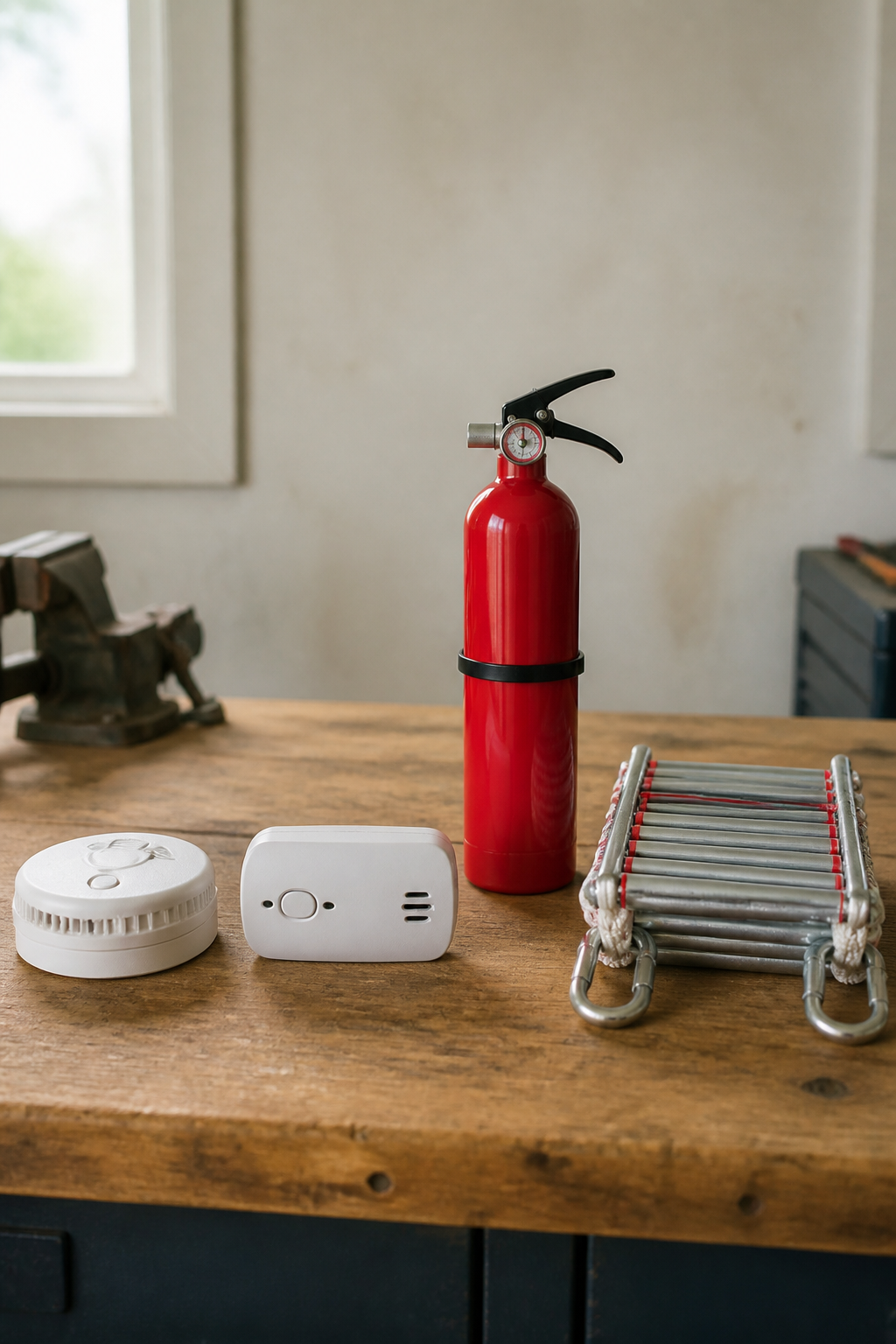 A smoke alarm, a carbon monoxide alarm, a small red ABC extinguisher and a folded window escape ladder laid out side by side on a wooden workbench