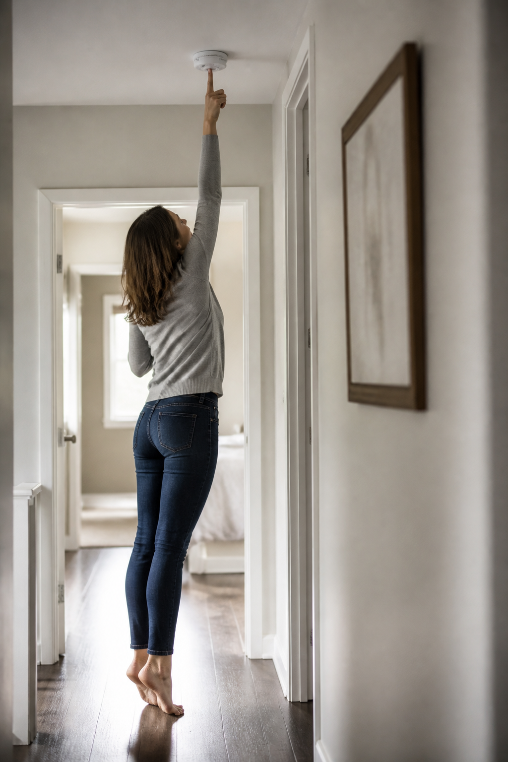 A person on tiptoe pressing the round test button of a white ceiling mounted smoke alarm in a domestic hallway